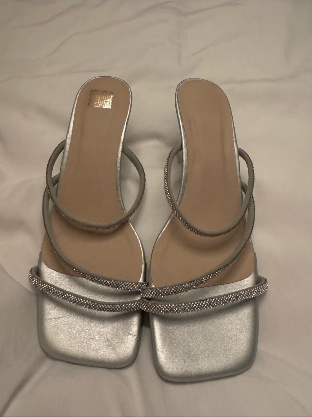 Tory Burch Metallic Silver Crystal-Strap Slide Heels